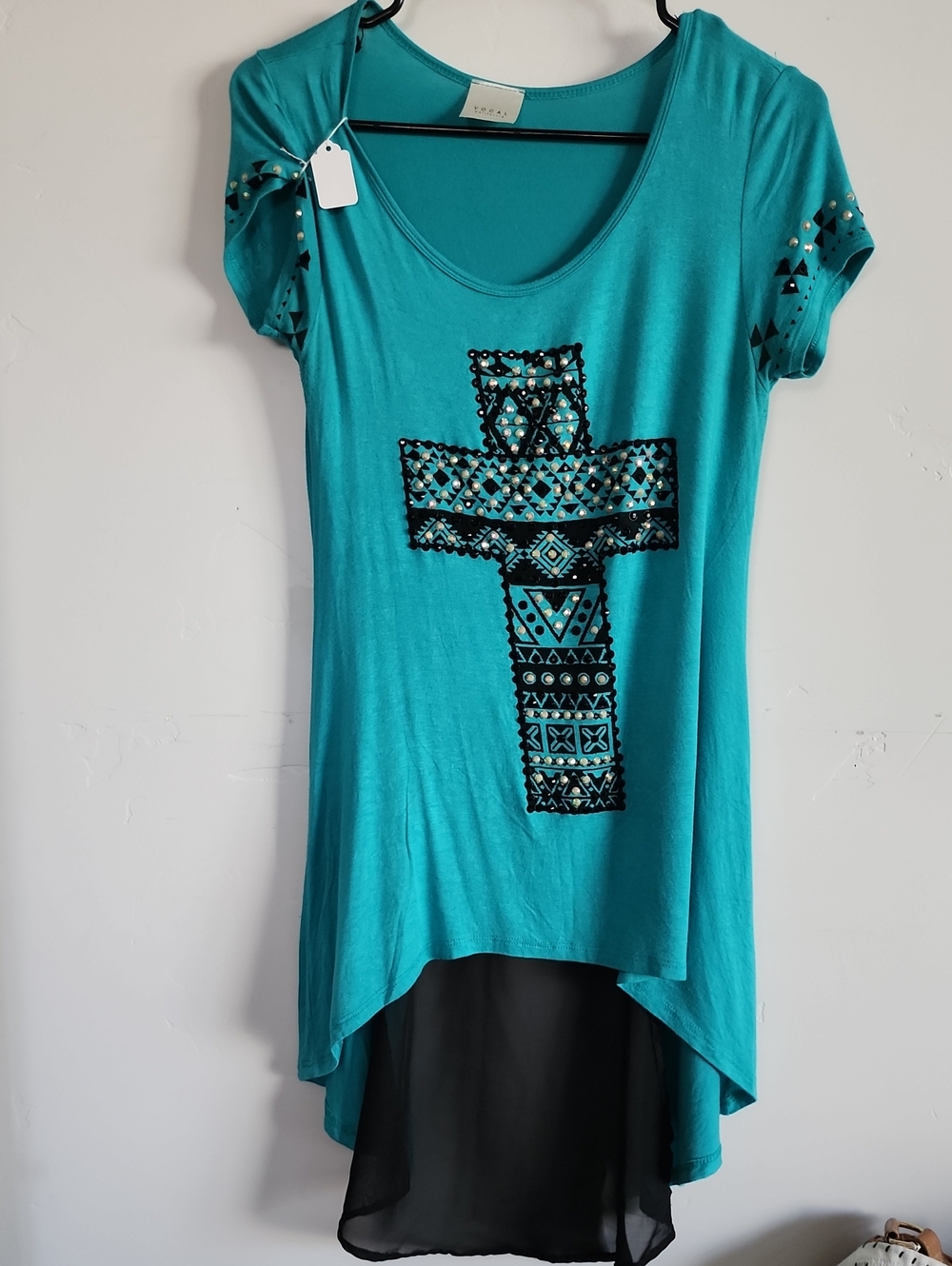 Turquoise Embellished Cross Hi-Low Women's Top